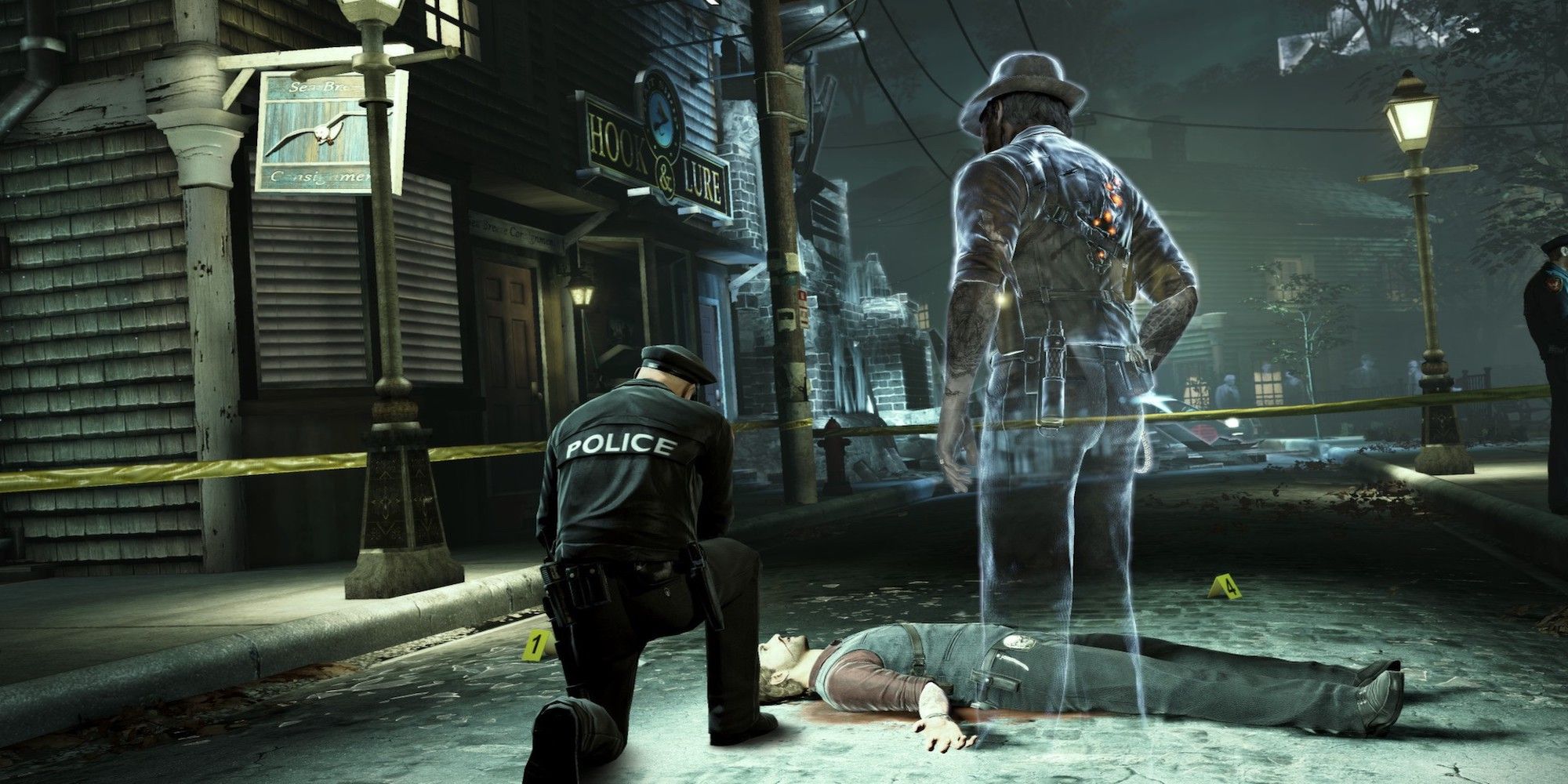 Ronan O'Connor in ghost form investigating a crime scene with an unaware police officer kneeled next to him
