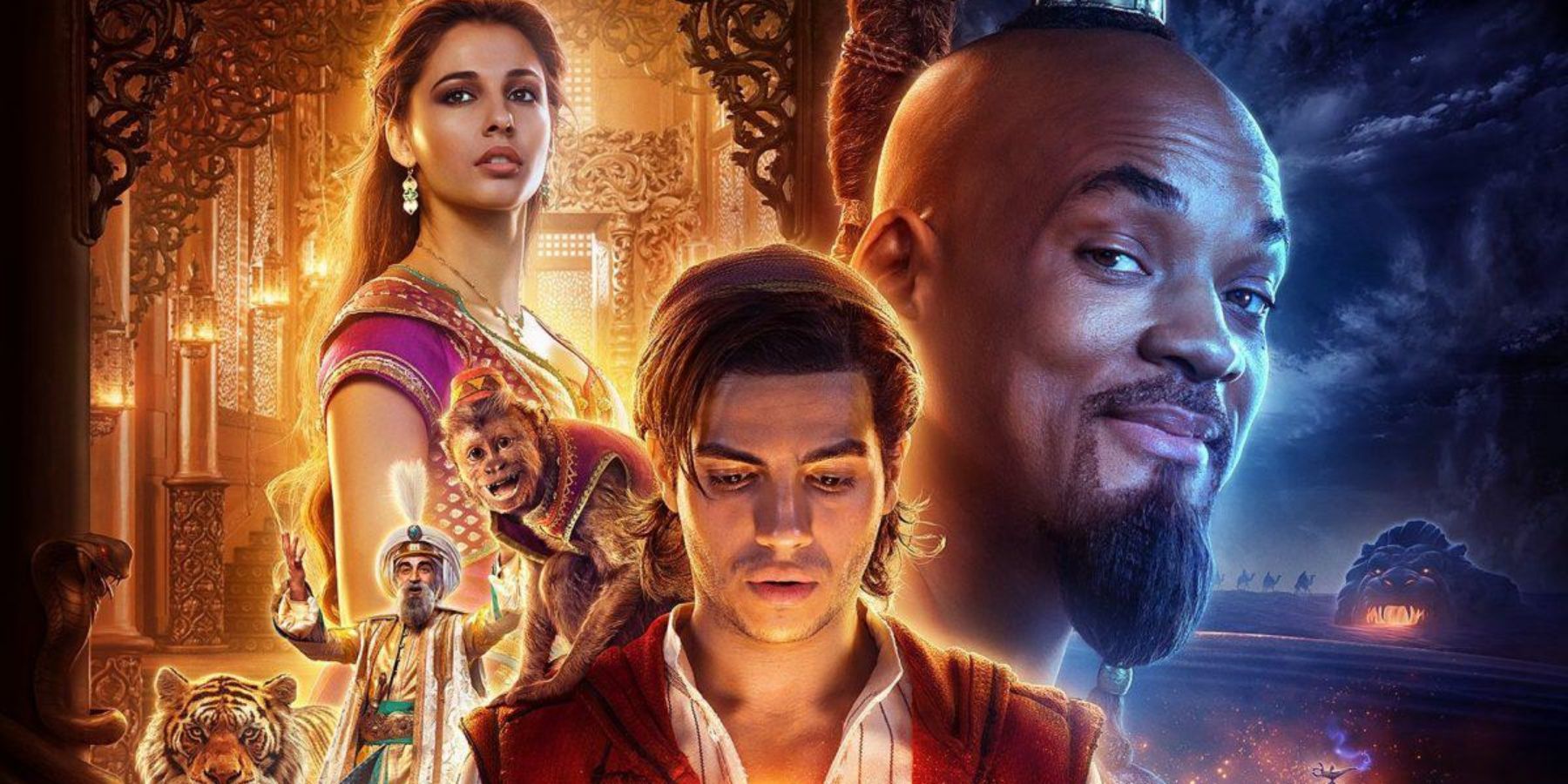 Jasmine, Genie, and Aladdin in the Disney Aladdin remake