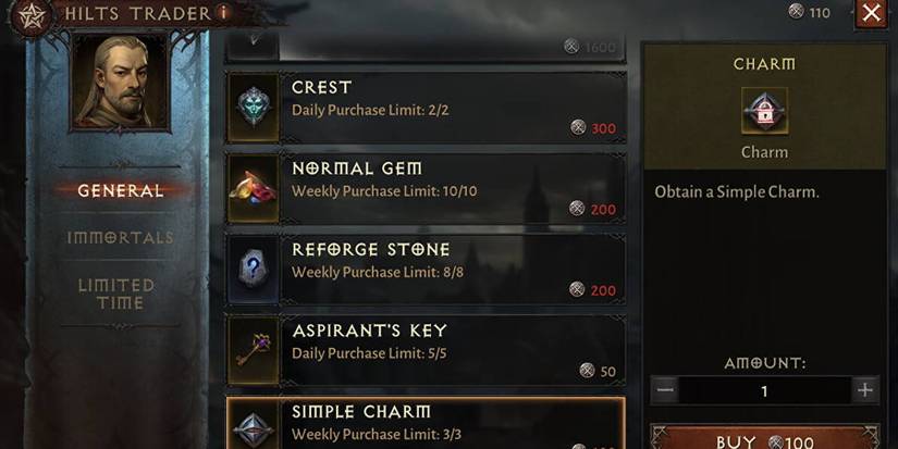 Acquiring Charms from the Hilts Trader