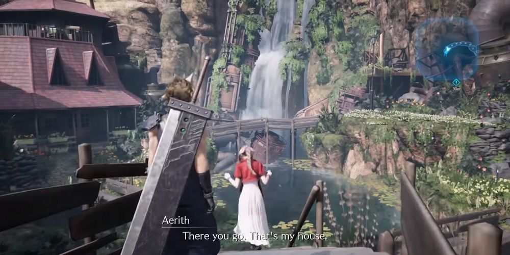 Aerith leading Cloud to her house in the Final Fantasy 7 Remake