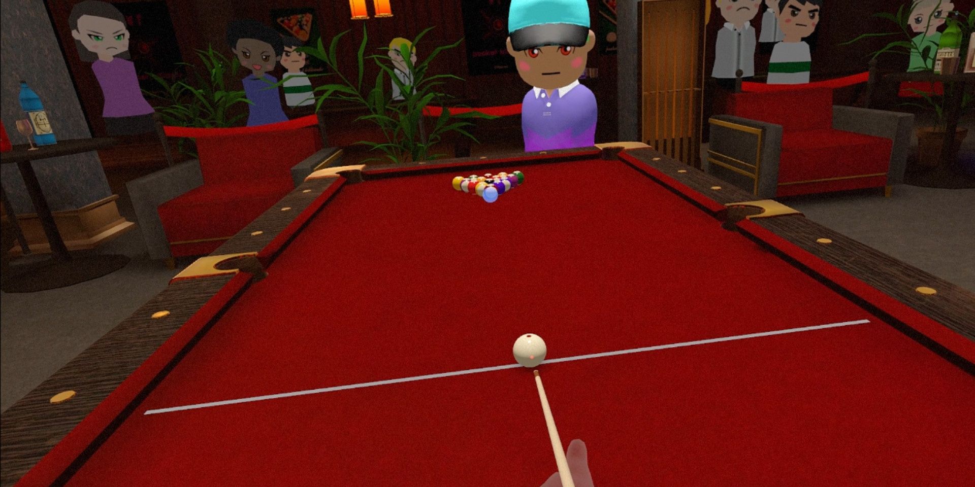 An invisible hand about to make a pool shot while bystanders watch in All-In-One Sports VR