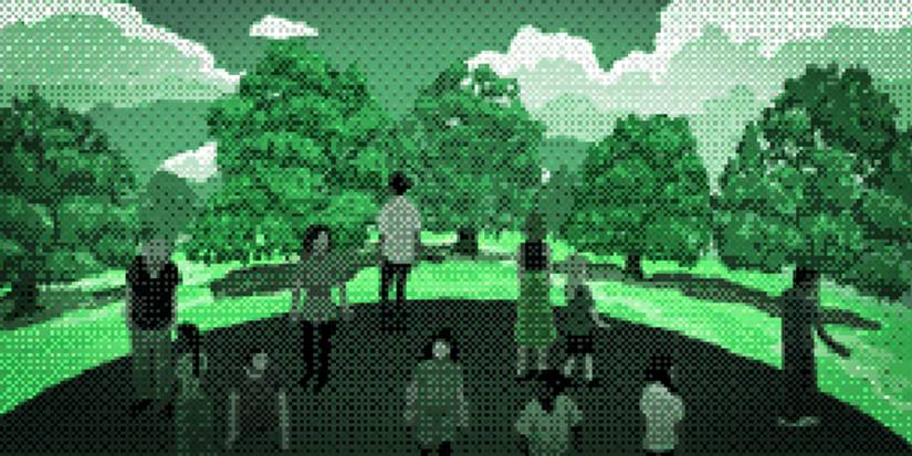 Alterna Log003 from Splatoon 3 depicting humans stood before crystal screens of Earth before the cataclysm