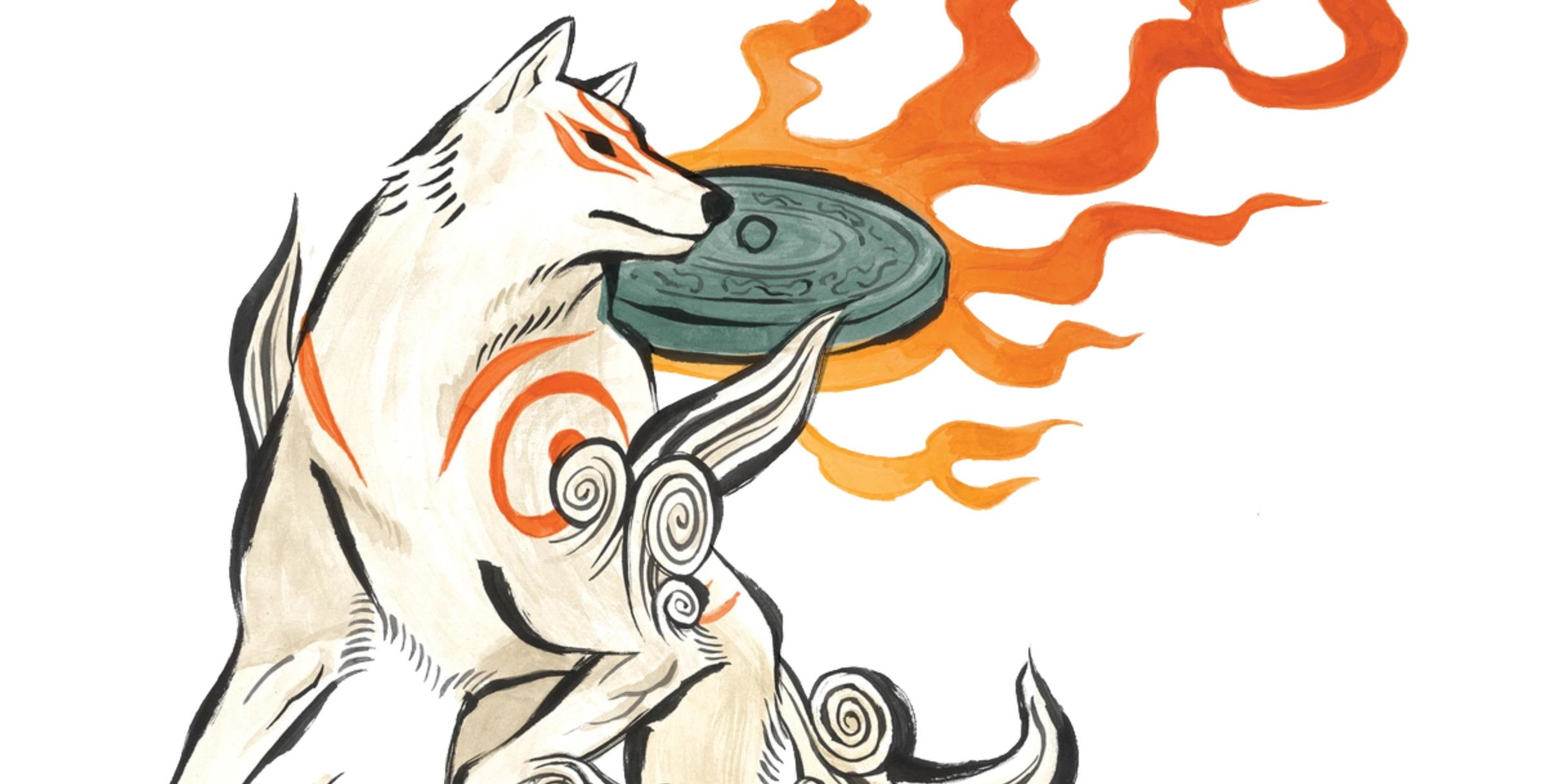 Amaterasu a white wolf with orange red flame patterns on her body