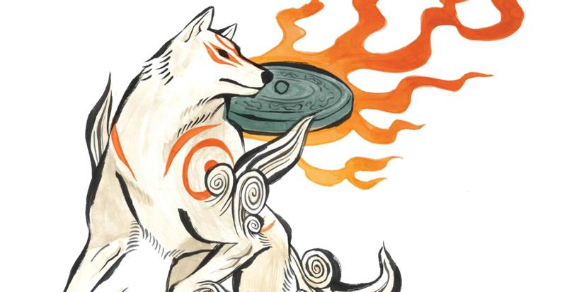 Amaterasu a white wolf with orange red flame patterns on her body