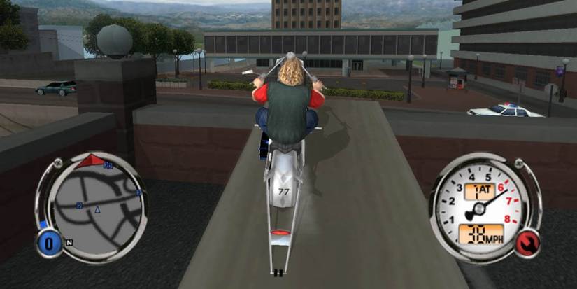 A wheelie being performed on a motorcycle in American Chopper 2: Full Throttle video game