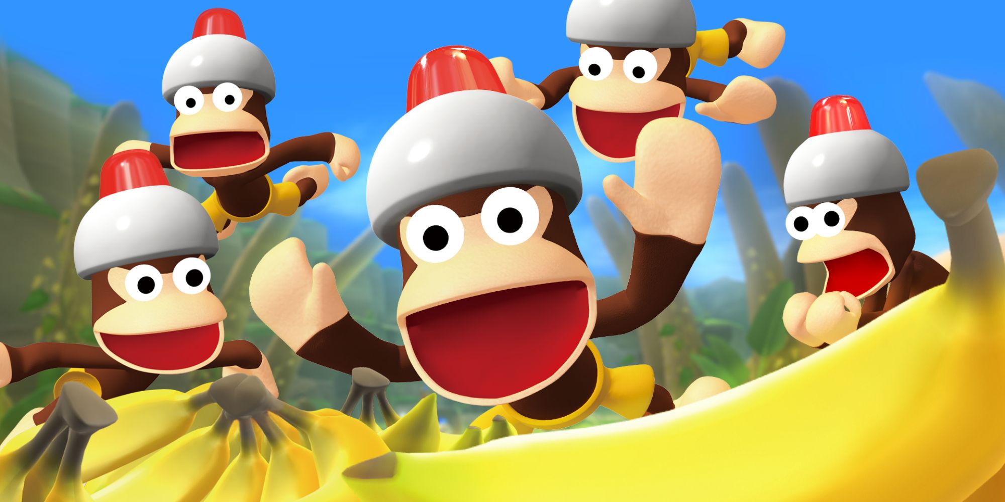 A group of excited Pipo Monkeys from Ape Escape jumping on a pile of bananas