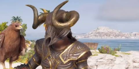 Assassin's Creed Odyssey - Fallen horned helmet and bird up close