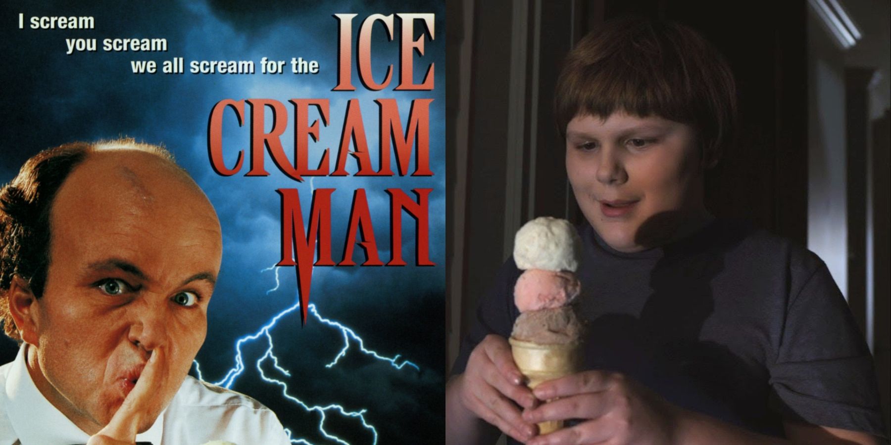 Разделенное изображение плаката «Человека-мороженого» и мальчика с мороженым в «Часе призраков».