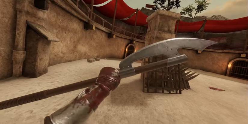 A player holding up the Bardiche with one hand in Blade and Sorcery