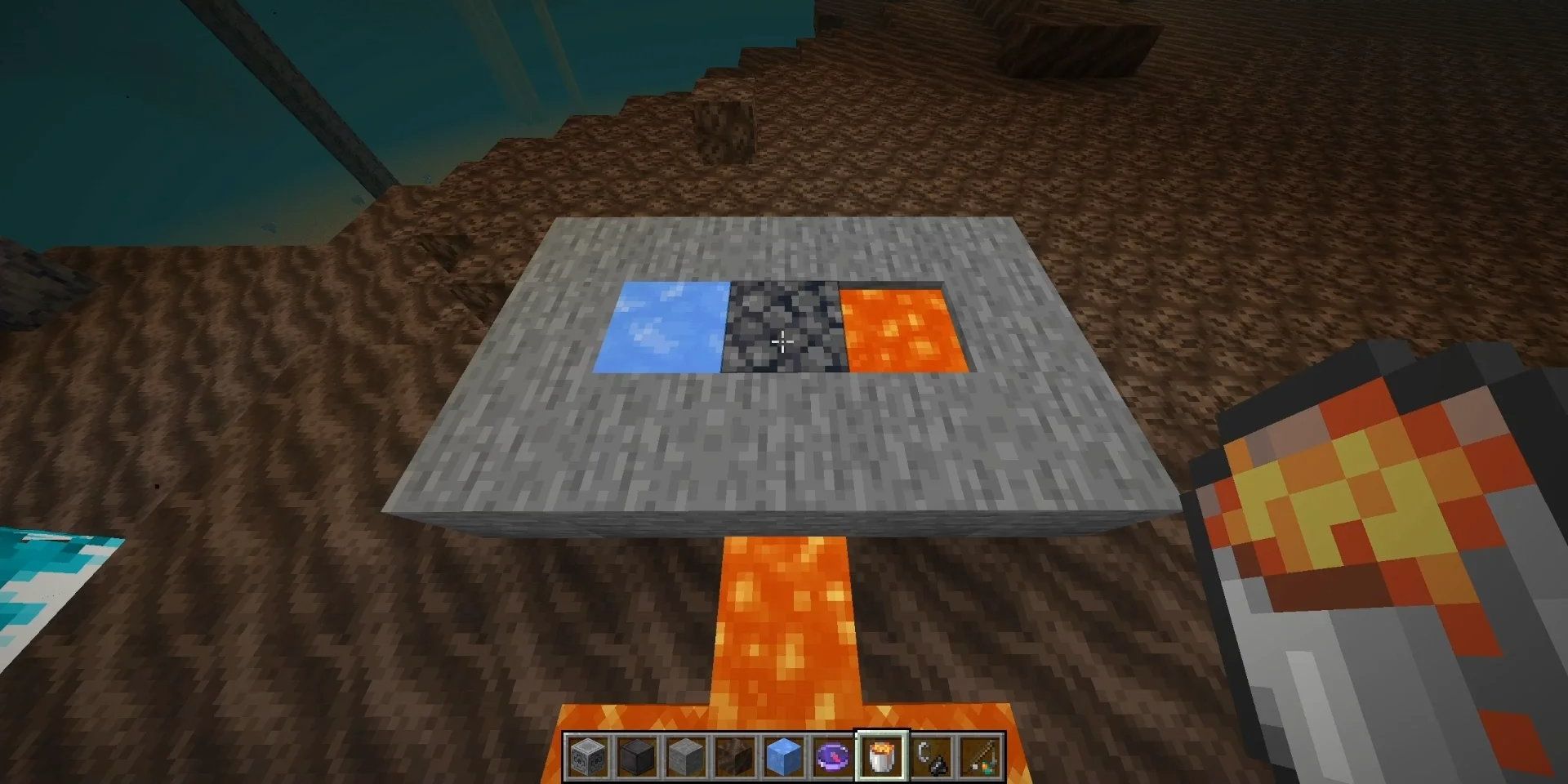 A player holding a bucket of lava looking at a Basalt Generator in the Nether in Minecraft