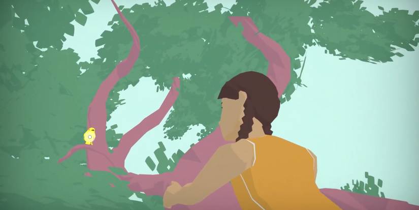 Player climbs the Oak tree to find a bright yellow bird on top.