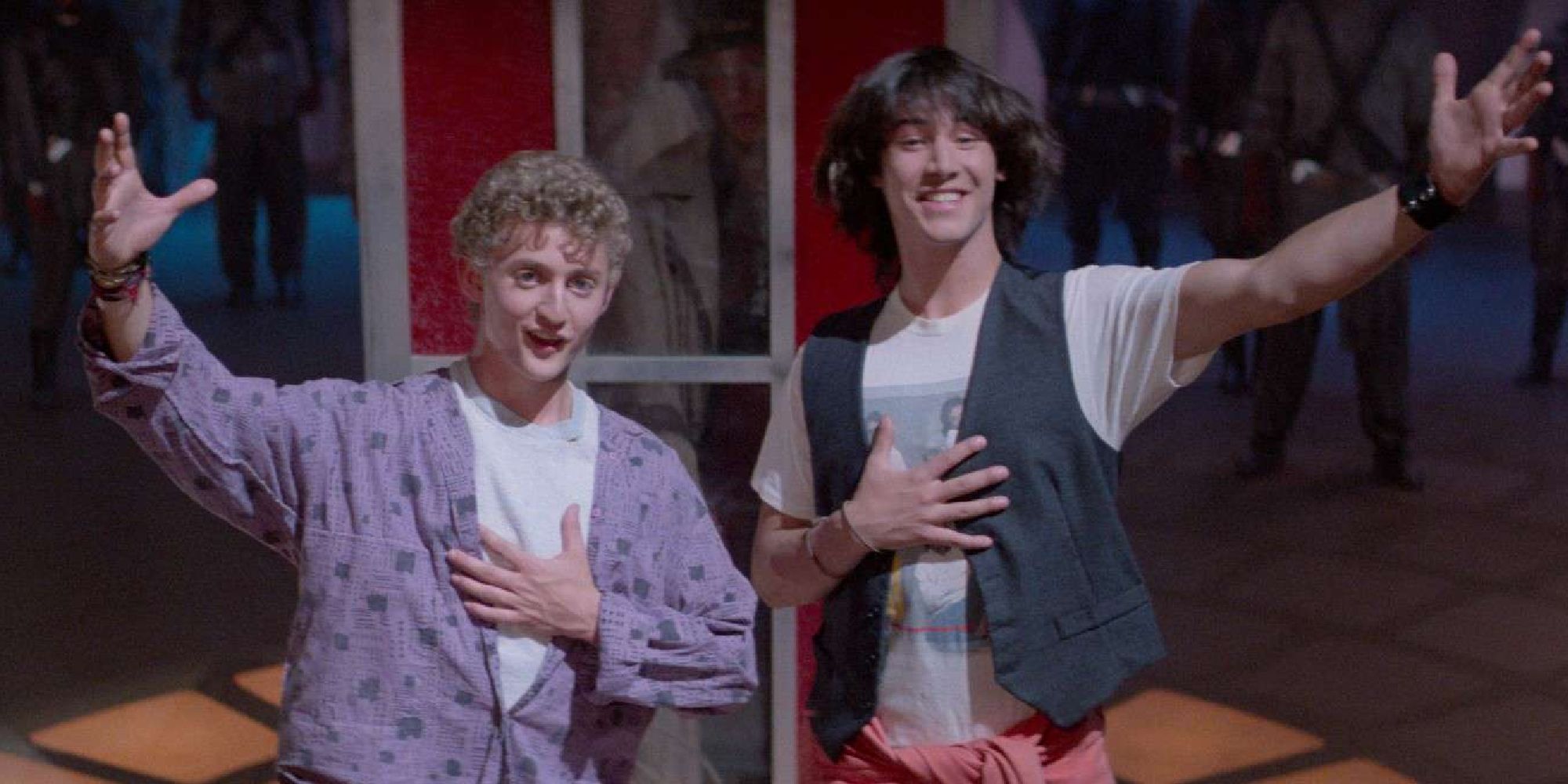 Bill and Ted presenting the phone booth to a future council in Excellent Adventure