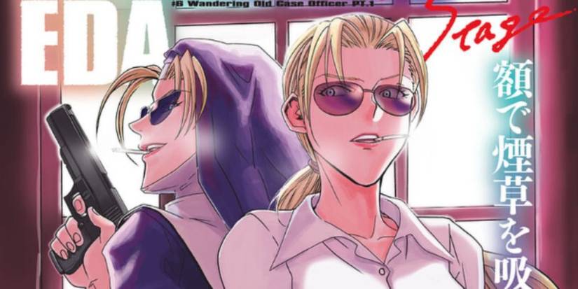 manga cover art showing a blonde woman with glasses in a white shirt and a nun outfit holding a gun