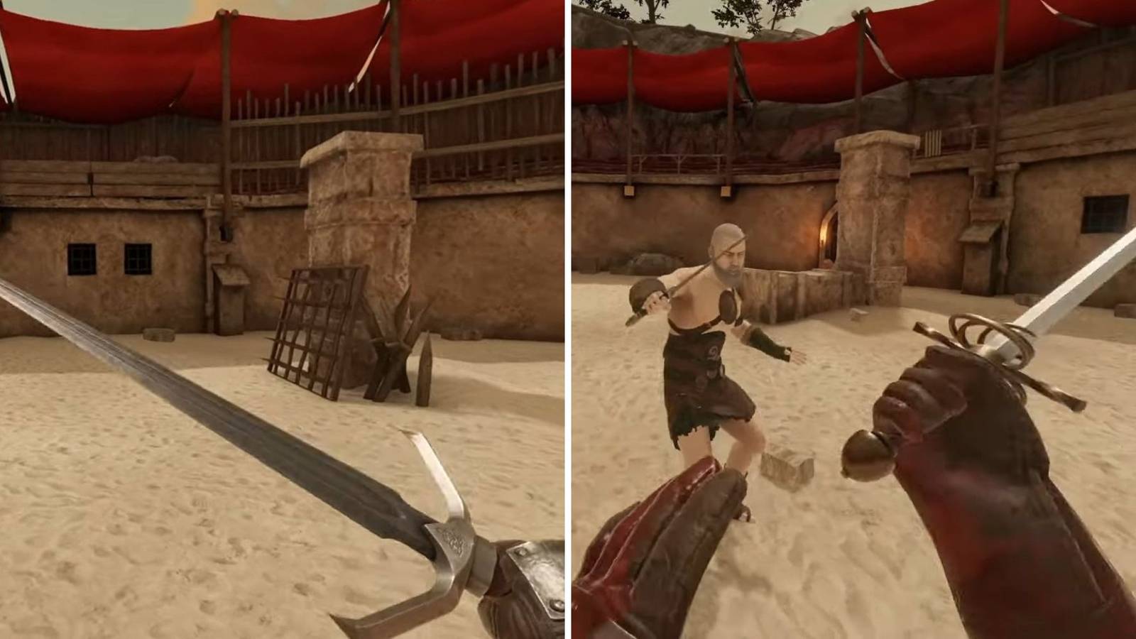 There is a grid of two images: A player is holding a sword in the left image and attacking an opponent with a Rapier in the right image