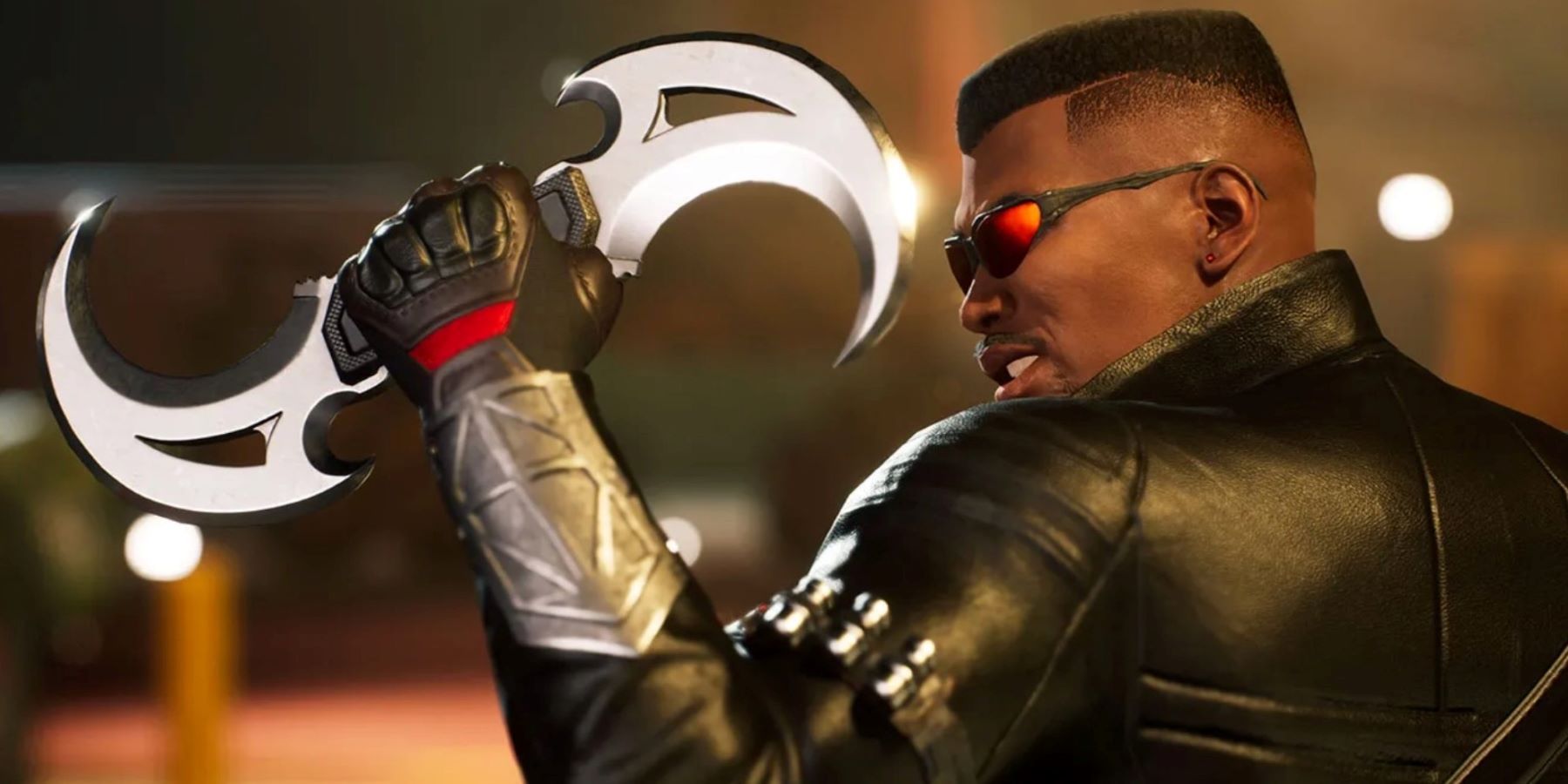 Over the shoulder shot of Blade holding a curved weapon in Marvel's Midnight Suns
