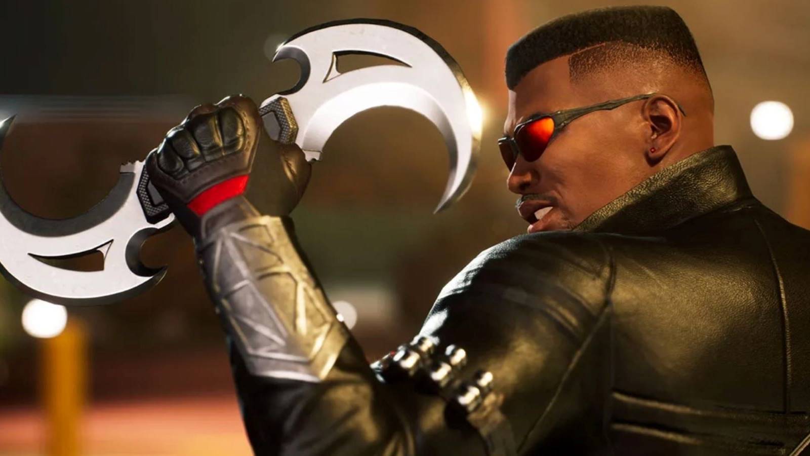 Over the shoulder shot of Blade holding a curved weapon in Marvel's Midnight Suns