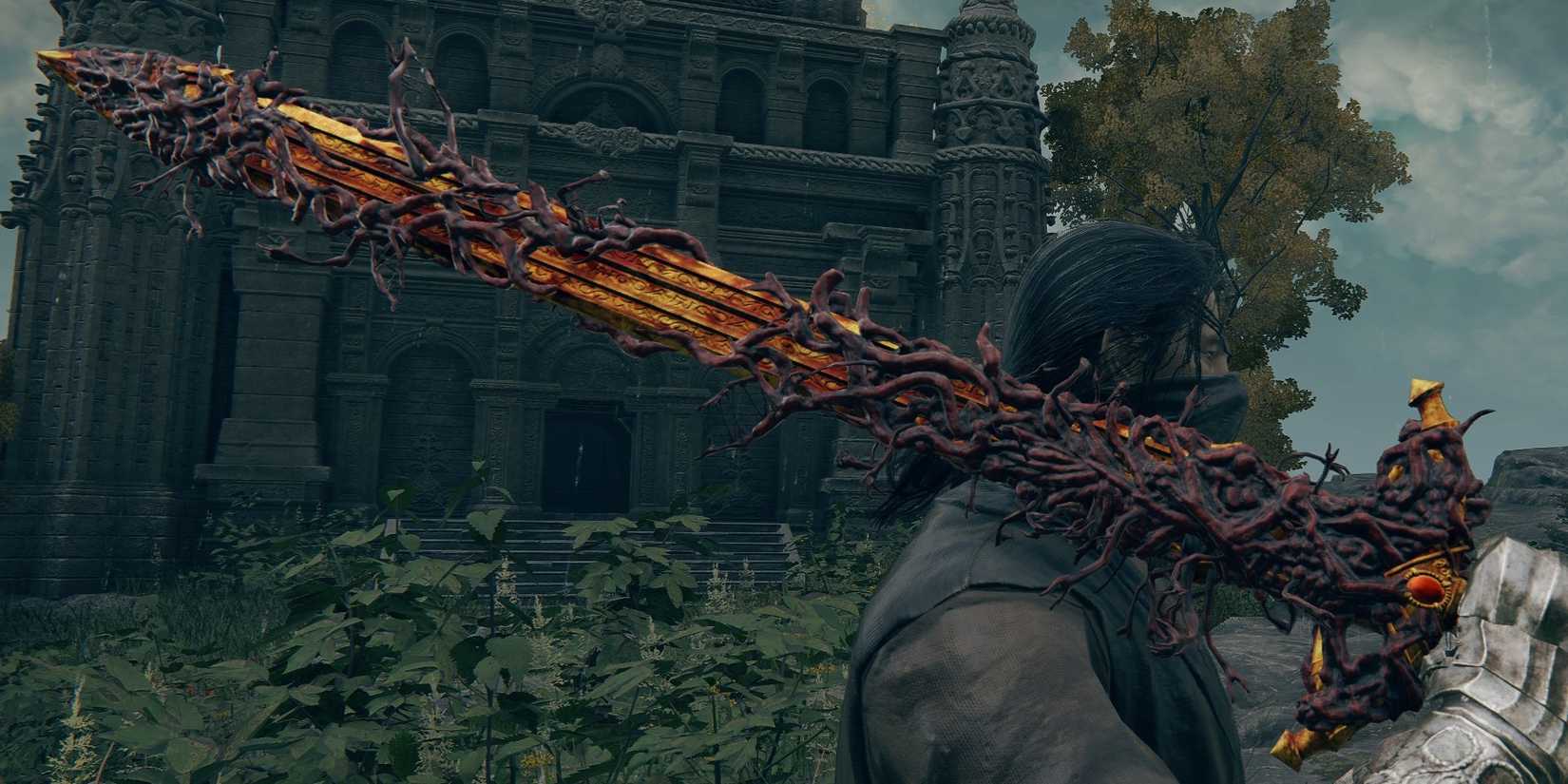 Tarnished holding Blasphemous Blade over shoulder near tower in Elden Ring