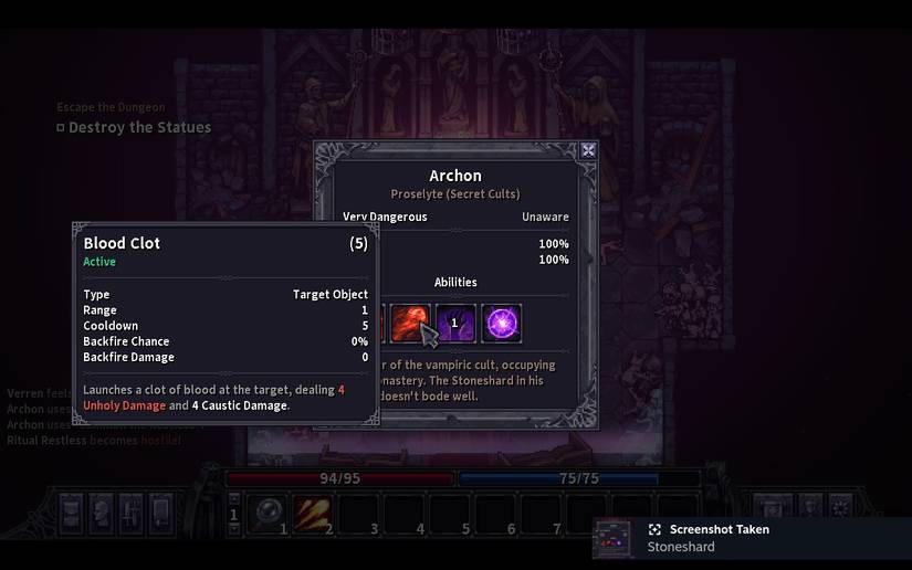 Information for the Blood Clot spell which has a range of 1 and a cooldown of 5.