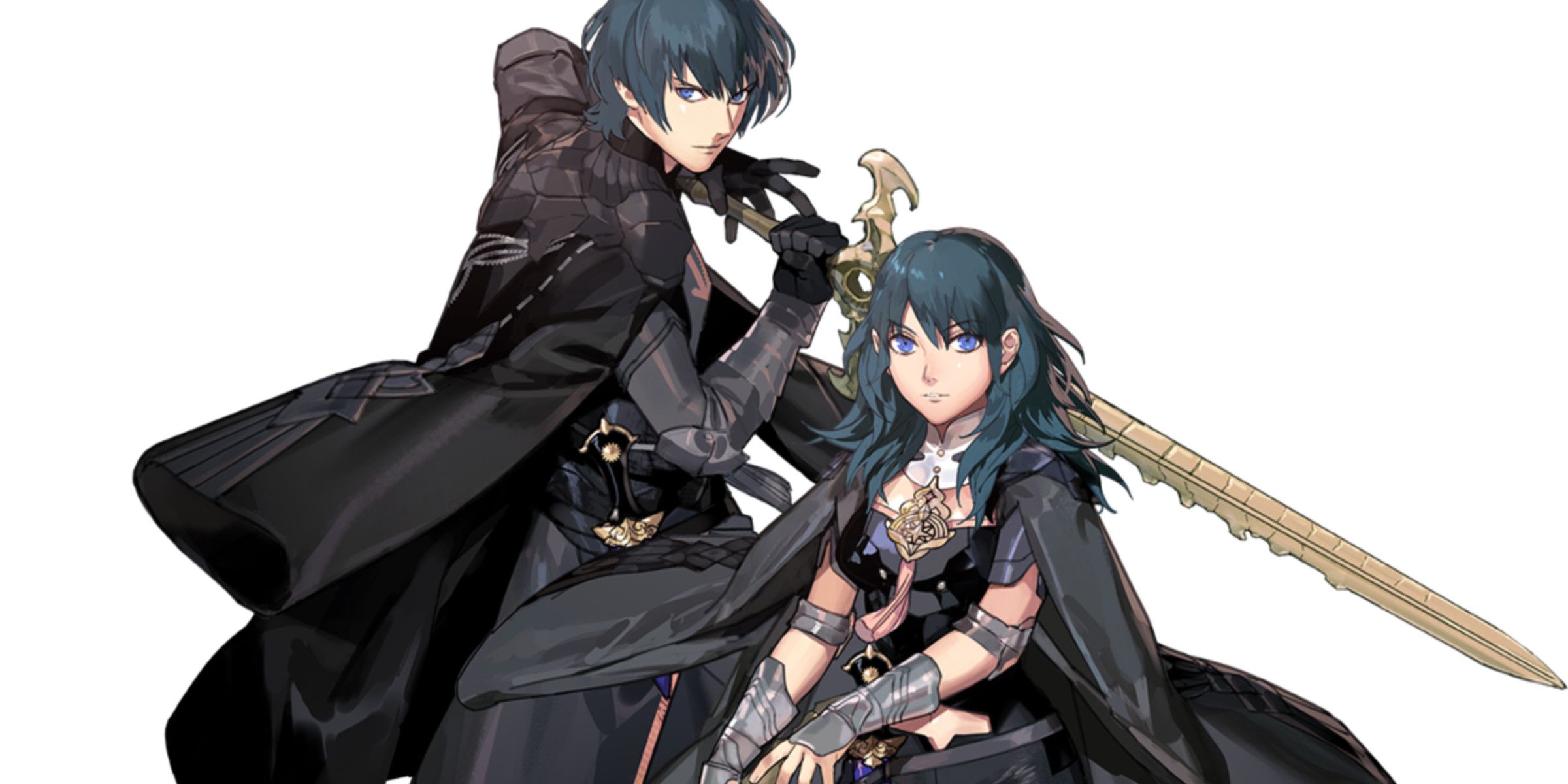 Both male and female character of protagonist from Three Houses weilding the Sword of the Creator