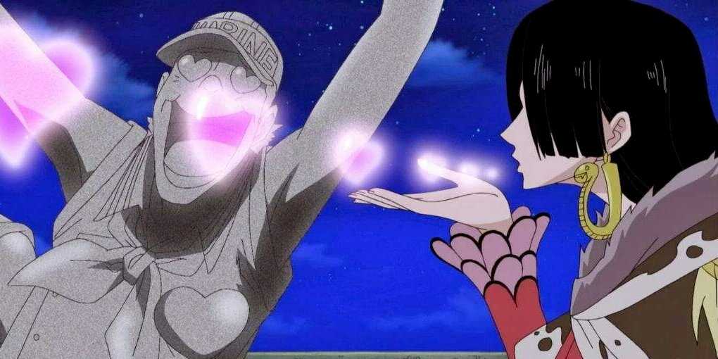 Boa Hancock petrifies a Marine with her Love-Love Fruit in One Piece.