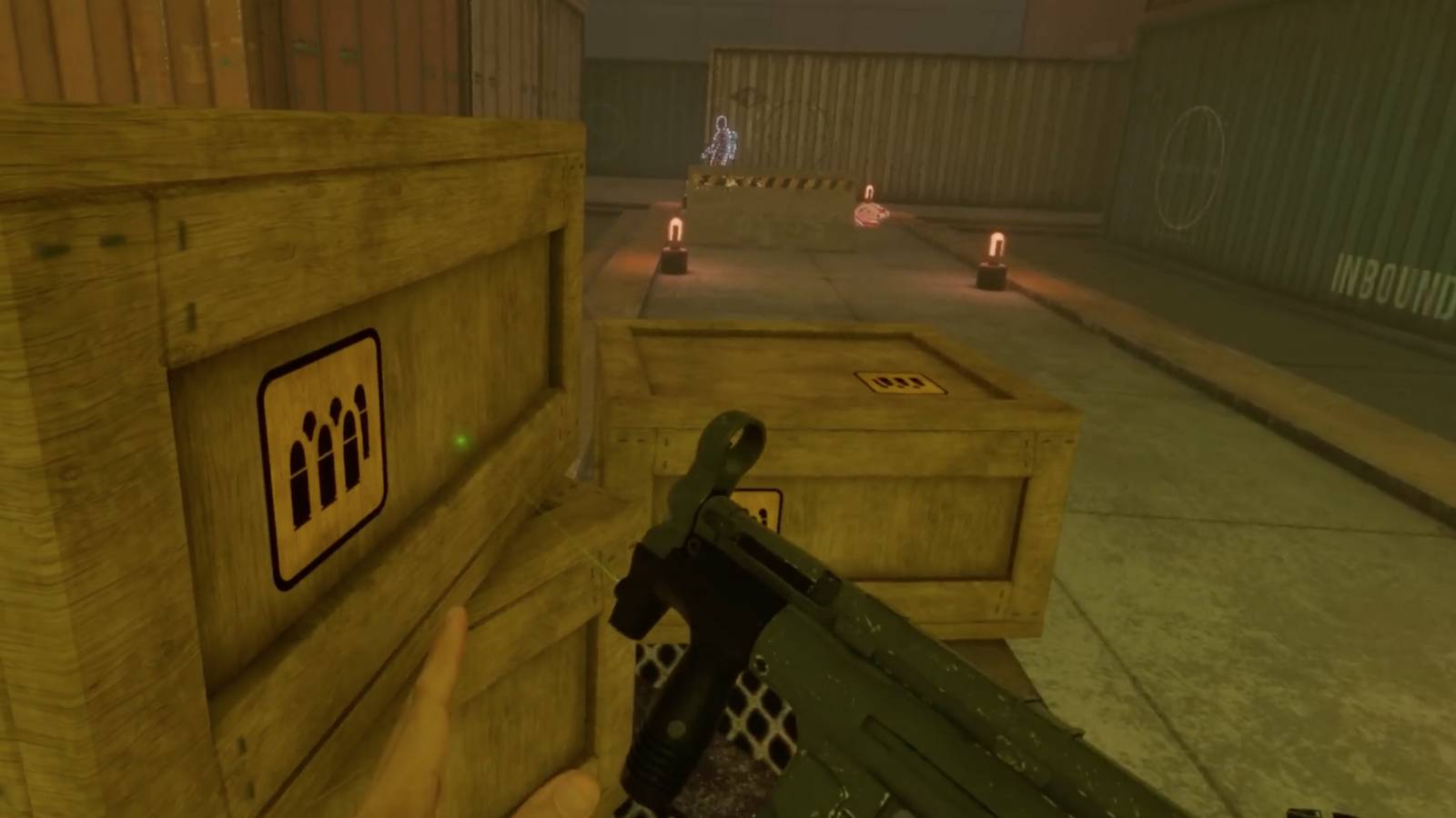 Player takes cover behind crates