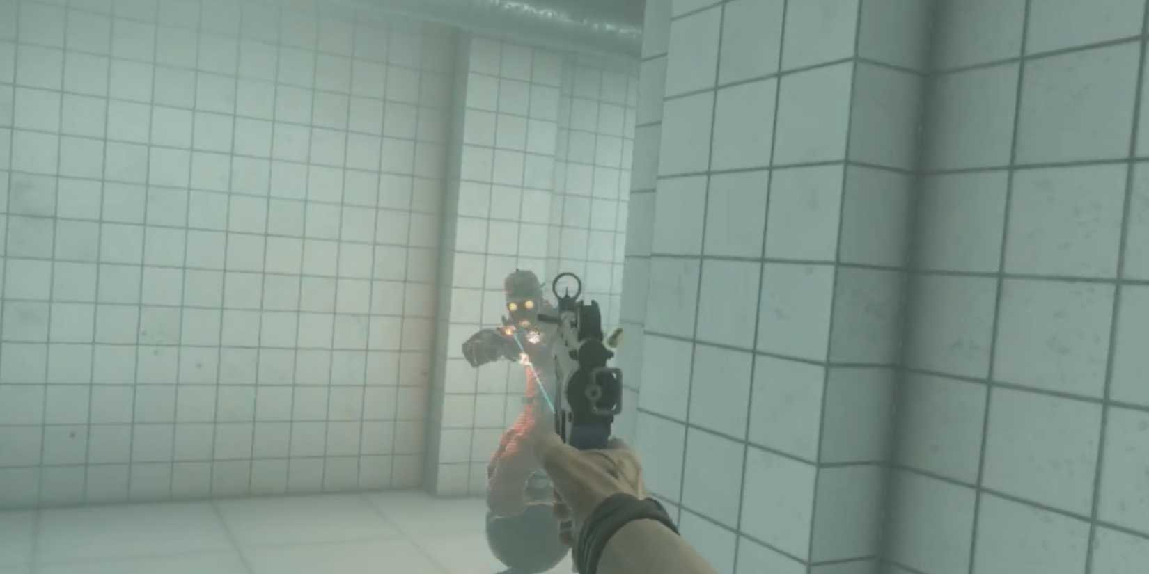 Player guns down a mercenary at close-range