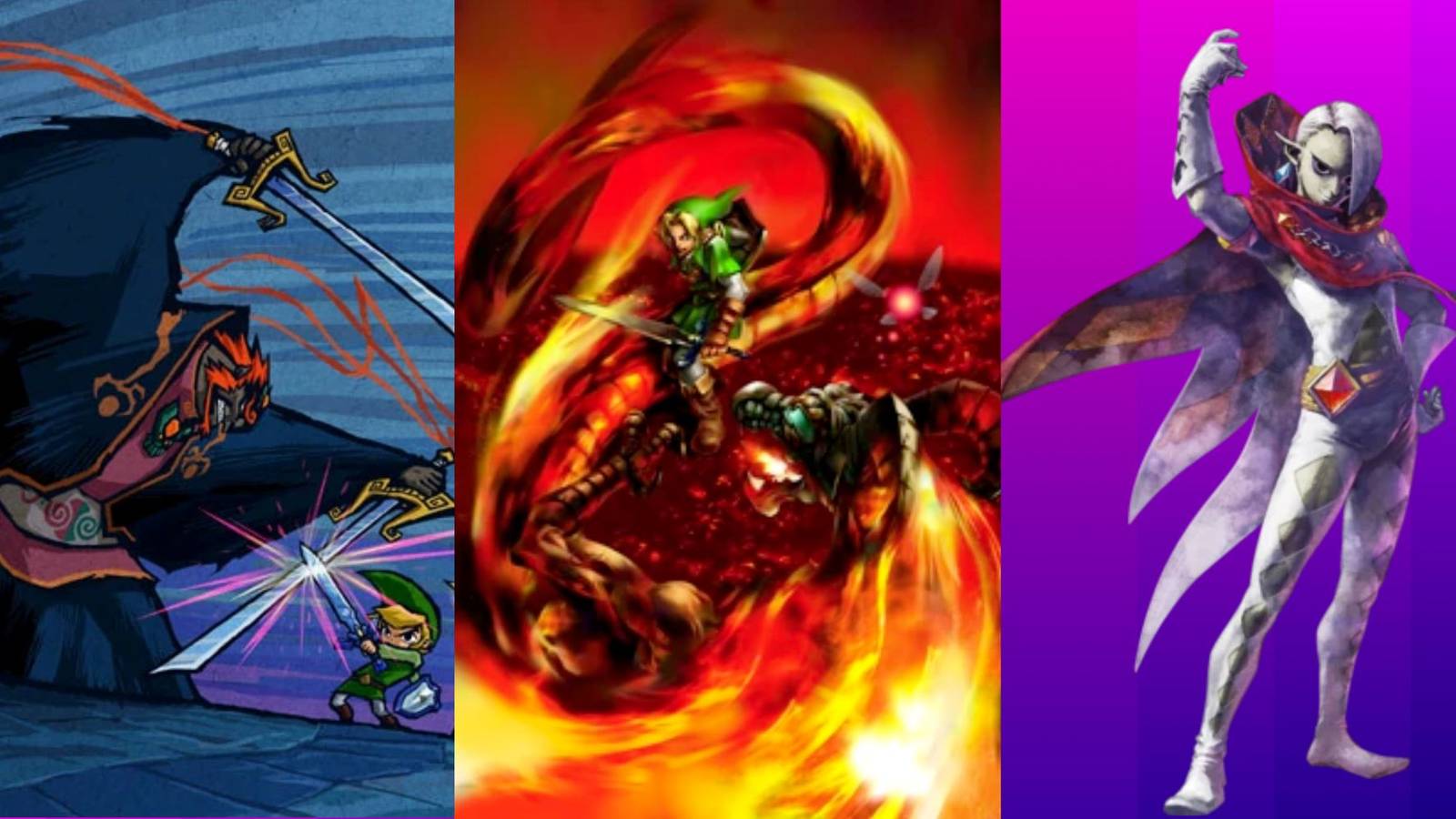 Left - Link fighting Ganondorf in Wind Waker, Center - Link Fighting Volvagia in Ocarina of Time, Right - Ghirahim