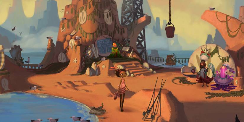 A girl is standing in a sandcastle like world in Broken Age