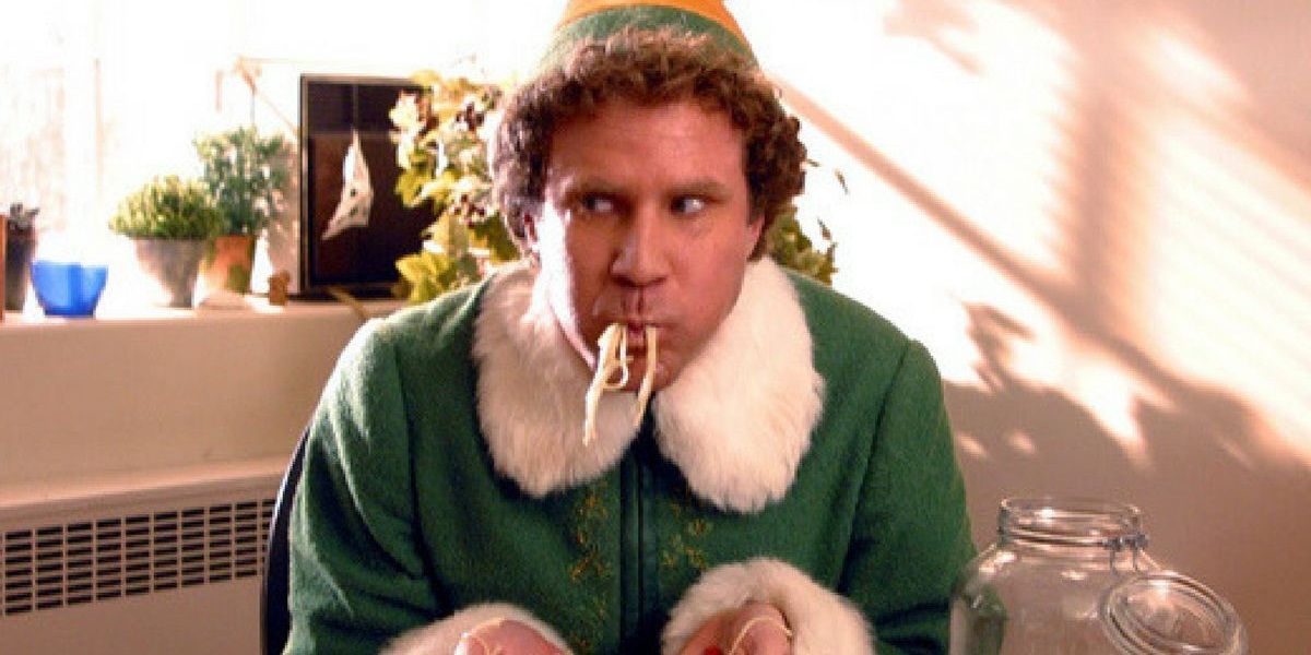 Buddy eats candy and spaghetti in Elf