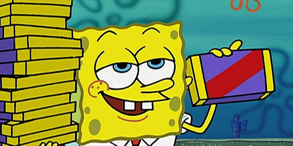 SpongeBob holds a stack of chocolate bars in his left hand and a single bar in his right. Image source: paramountplus.com