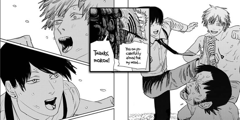 Chainsaw Man - Cutout Of Denji Insulting Katana Man While Beating Him And Then Aftermath Of Him And Aki Punishing Katana Man