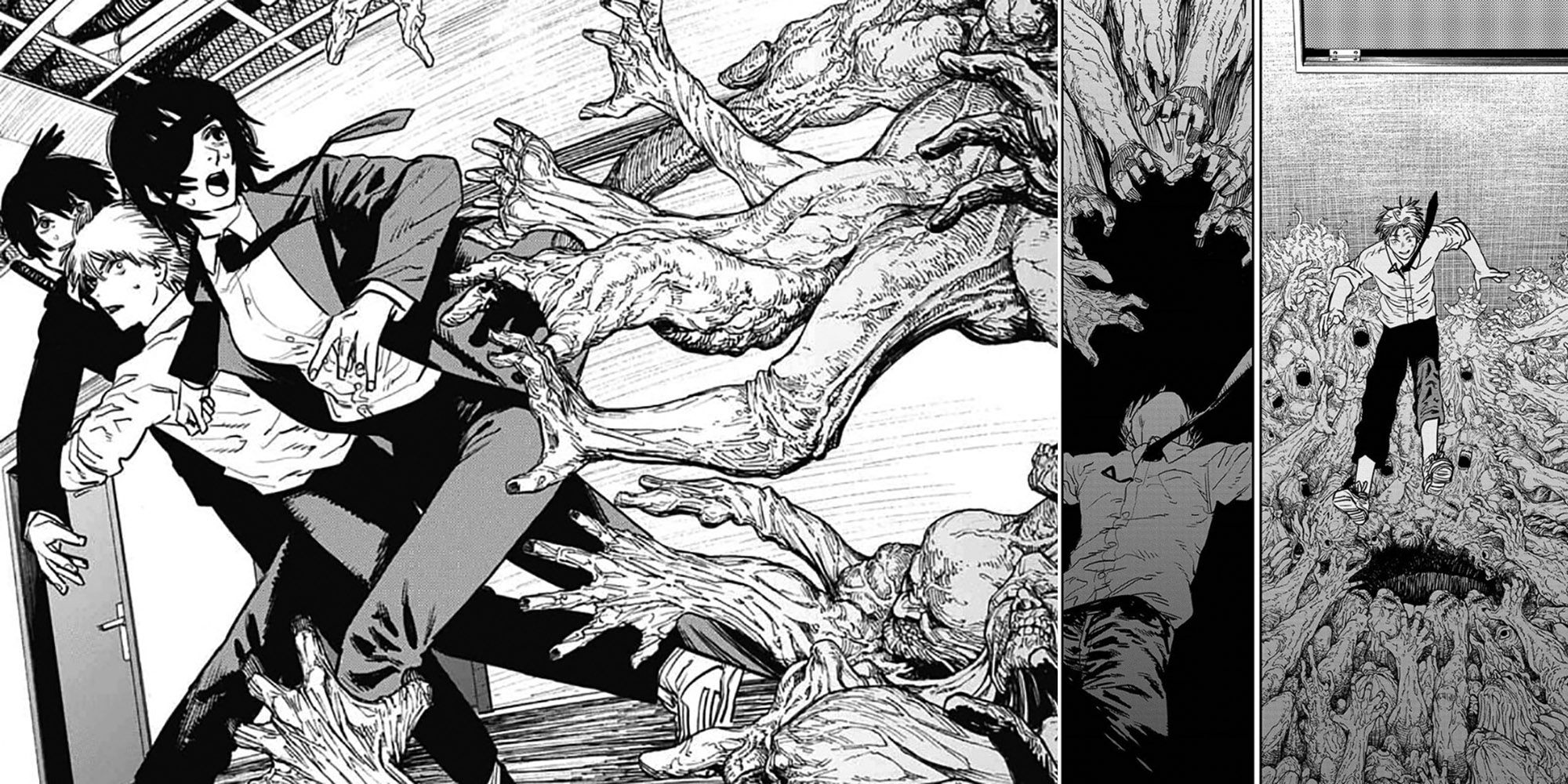 Chainsaw Man - Panels Of Denji And Crew Running From Eternity Devil And Denji Jumping Into Devil's Mouth