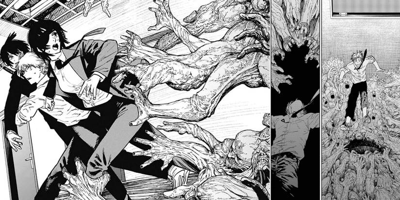 Chainsaw Man - Panels Of Denji And Crew Running From Eternity Devil And Denji Jumping Into Devil's Mouth