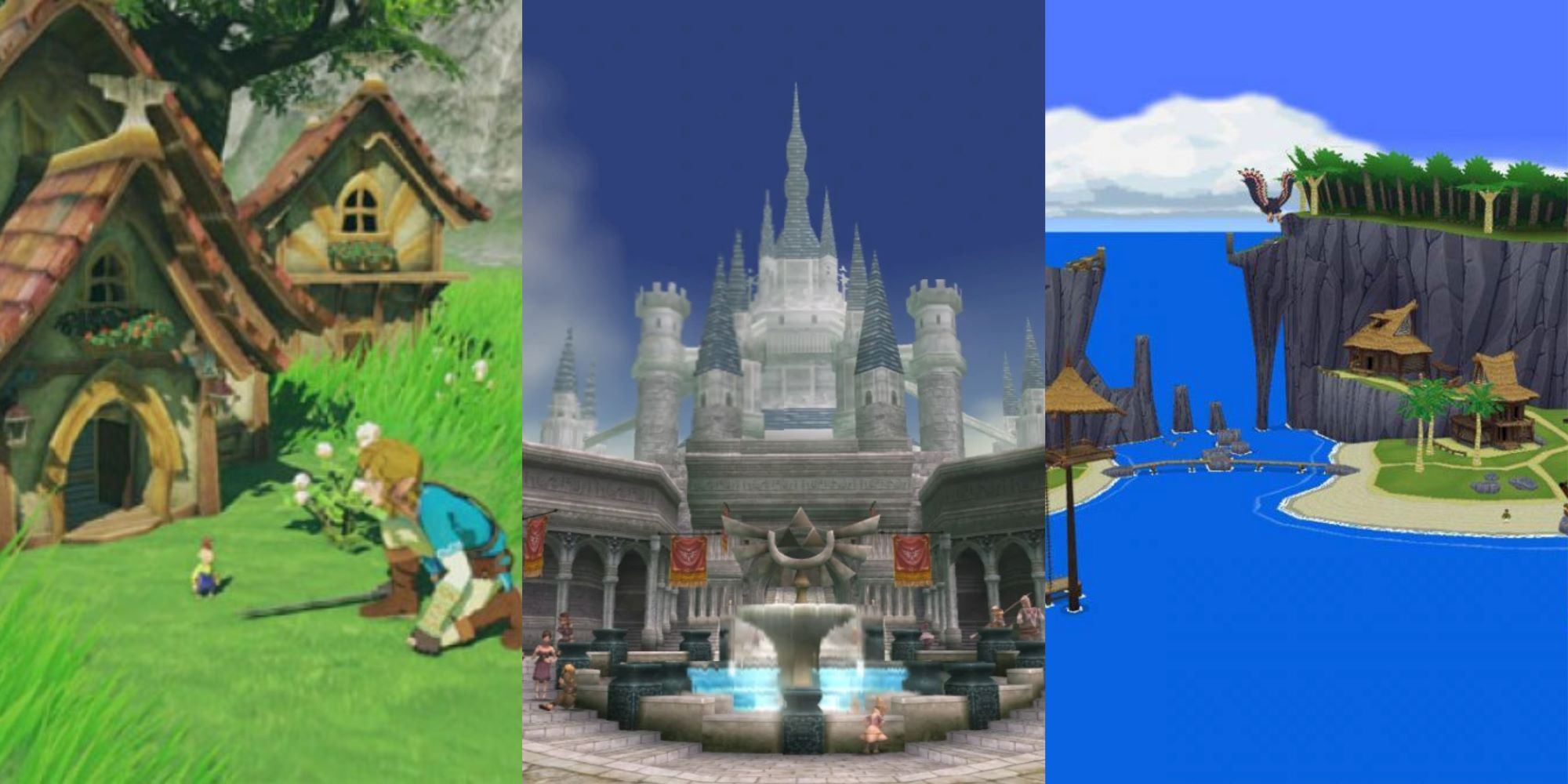 Left - Link among tiny people Breath of the Wild, Center - Hyrule Castle Town Twilight Princess, Right - Outset Island Wind Waker