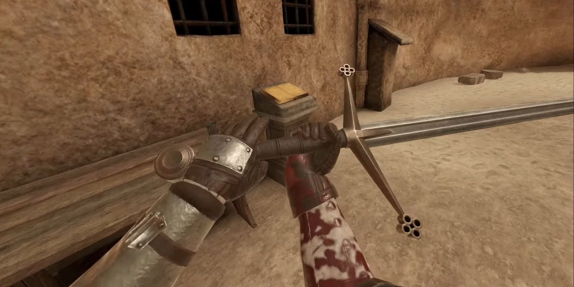 A player holding the Claymore sideways with two hands in Blade and Sorcery