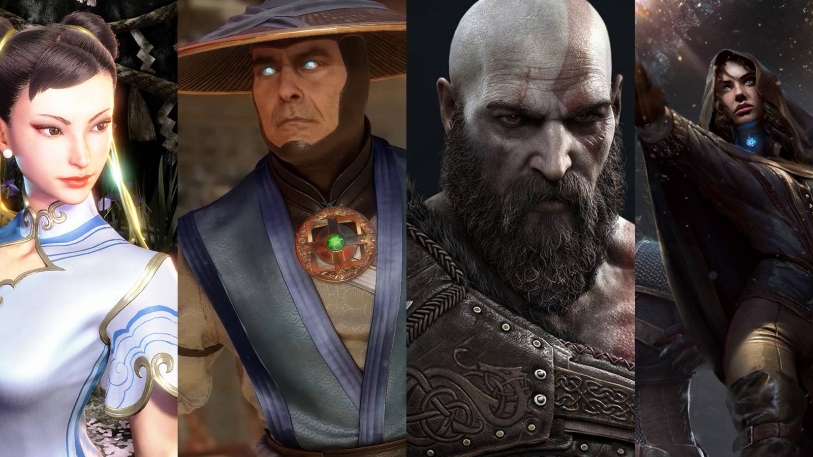 a collage of chun-li, raiden, kratos and yennefer