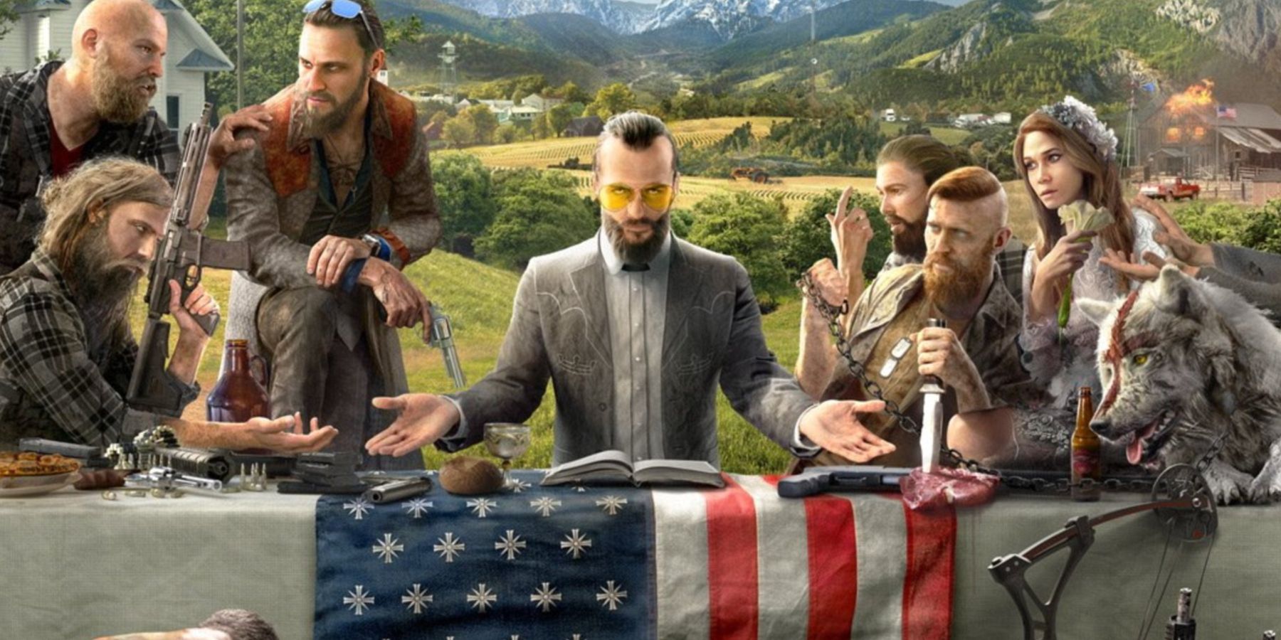 Far Cry 5 characters at table with American flag.