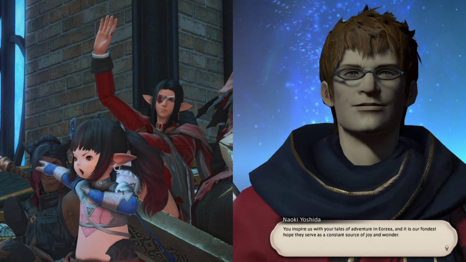 Split image of lalafell and Naoki Yoshida character talking.
