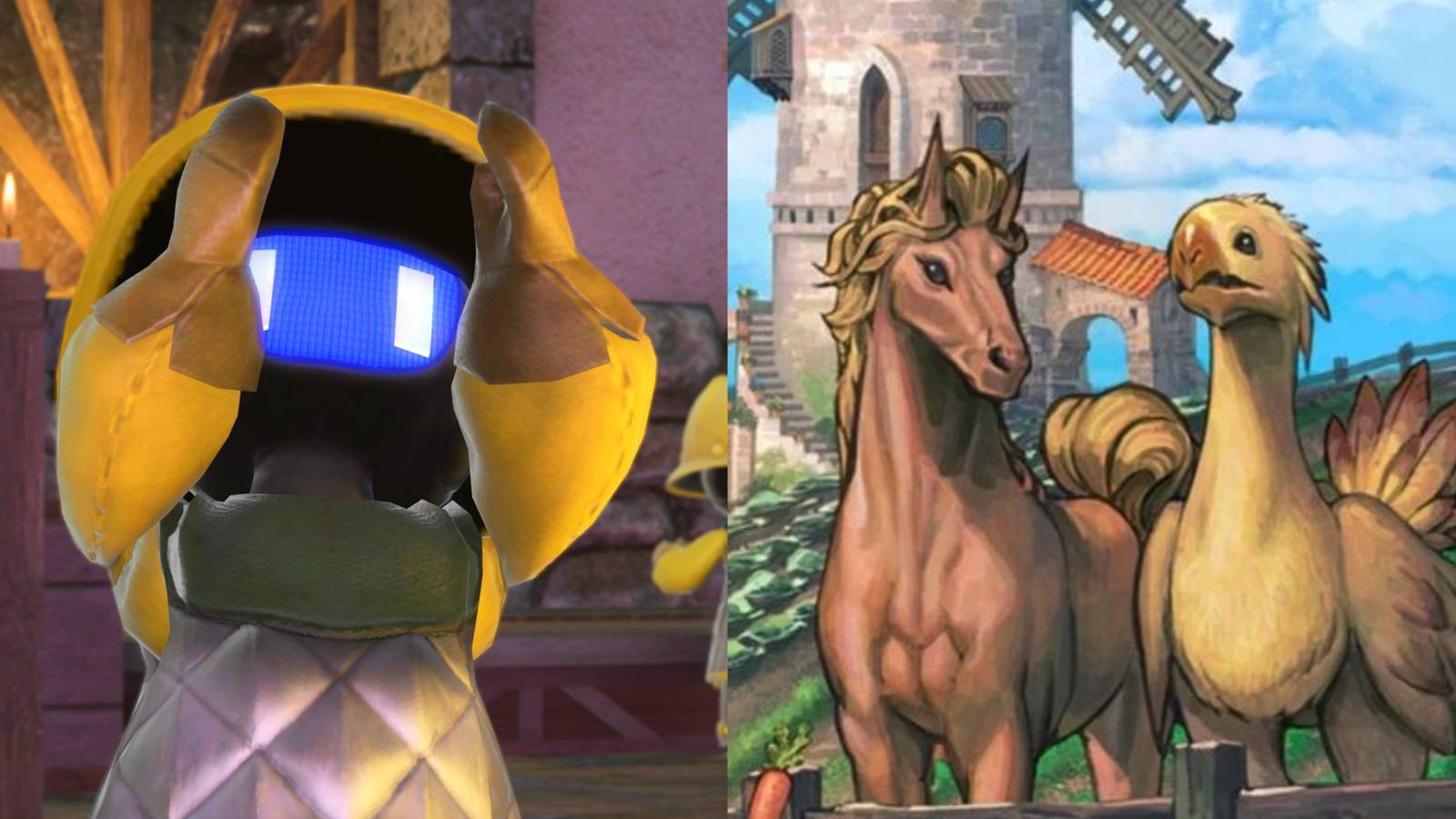Split image of mammet and chocobo with horse.