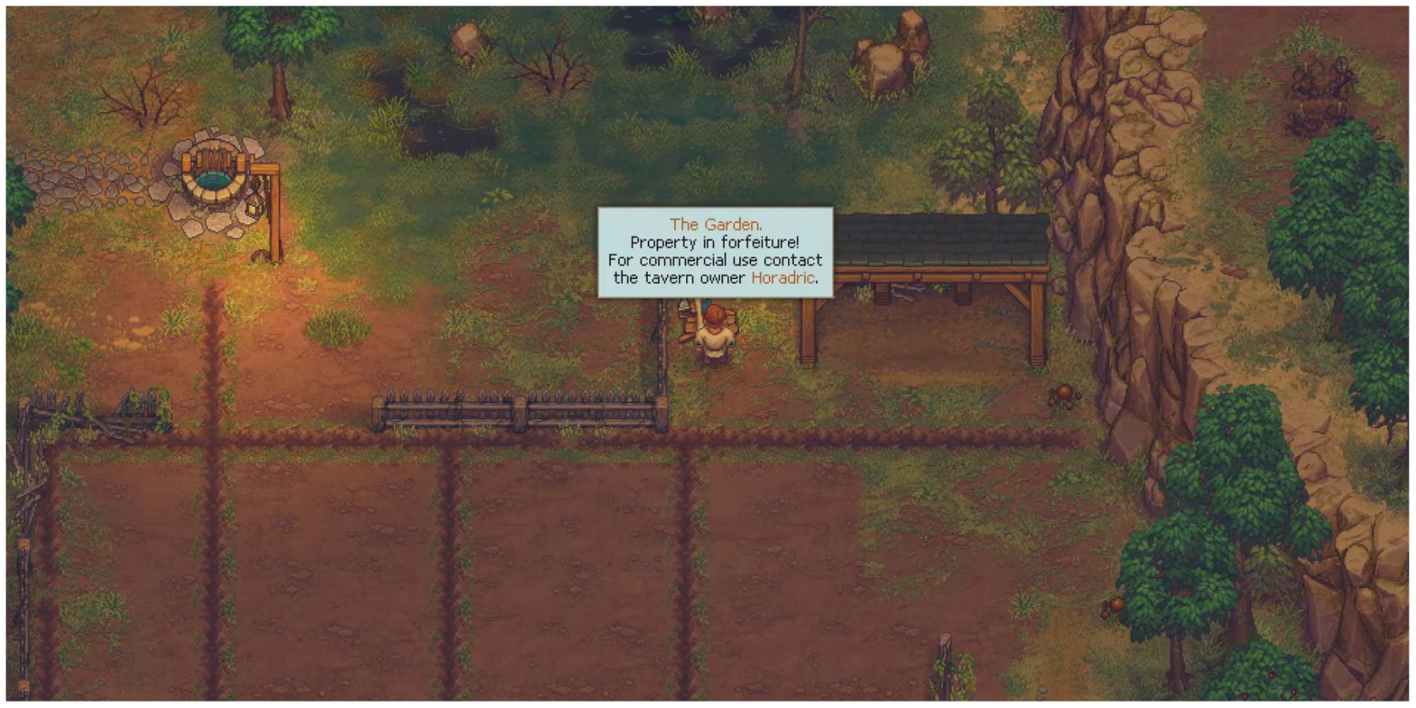 Graveyard Keeper garden bench in ruins, players are prompted to speak to tavern owner Horadric