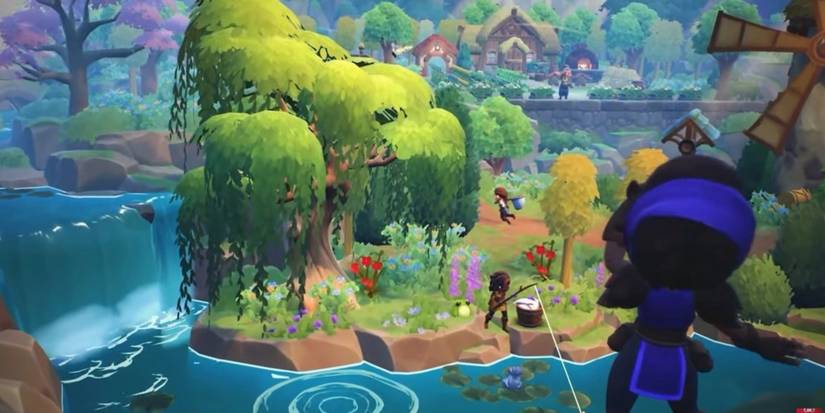 Girl looking over river and forest landscape.