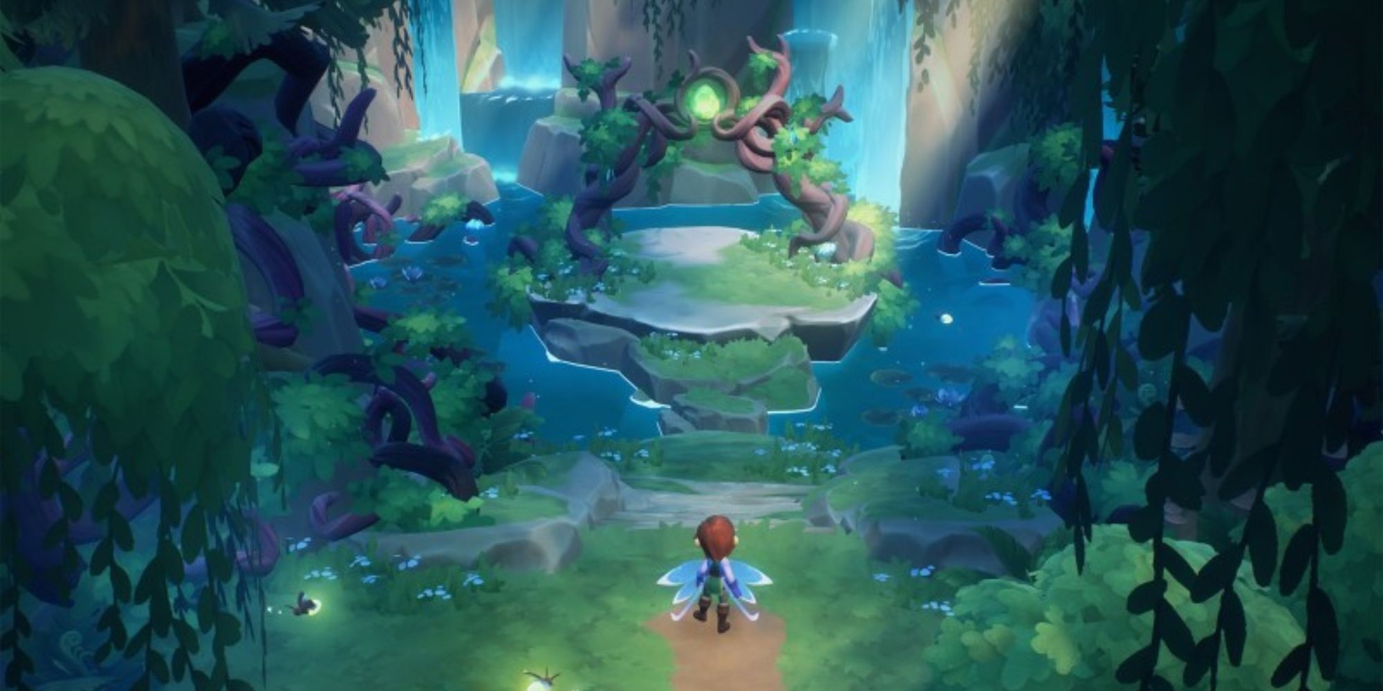 Player with fairy wings by waterfalls and vine arbor.