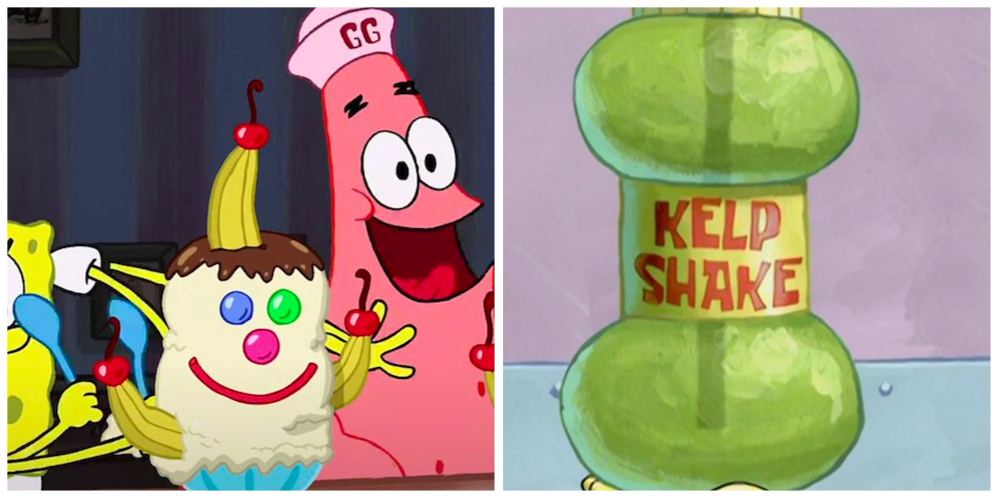 Left: Patrick with an ice cream sundae. Right: A Kelp Shake. Image sources: nerdist.com and reddit.com