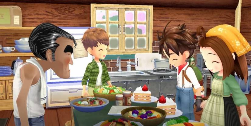 Characters in kitchen around a table.