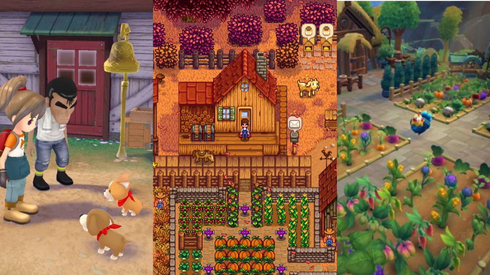 Split image of Story of Seasons: A Wonderful Life, Stardew Valley, and Fae Farm.