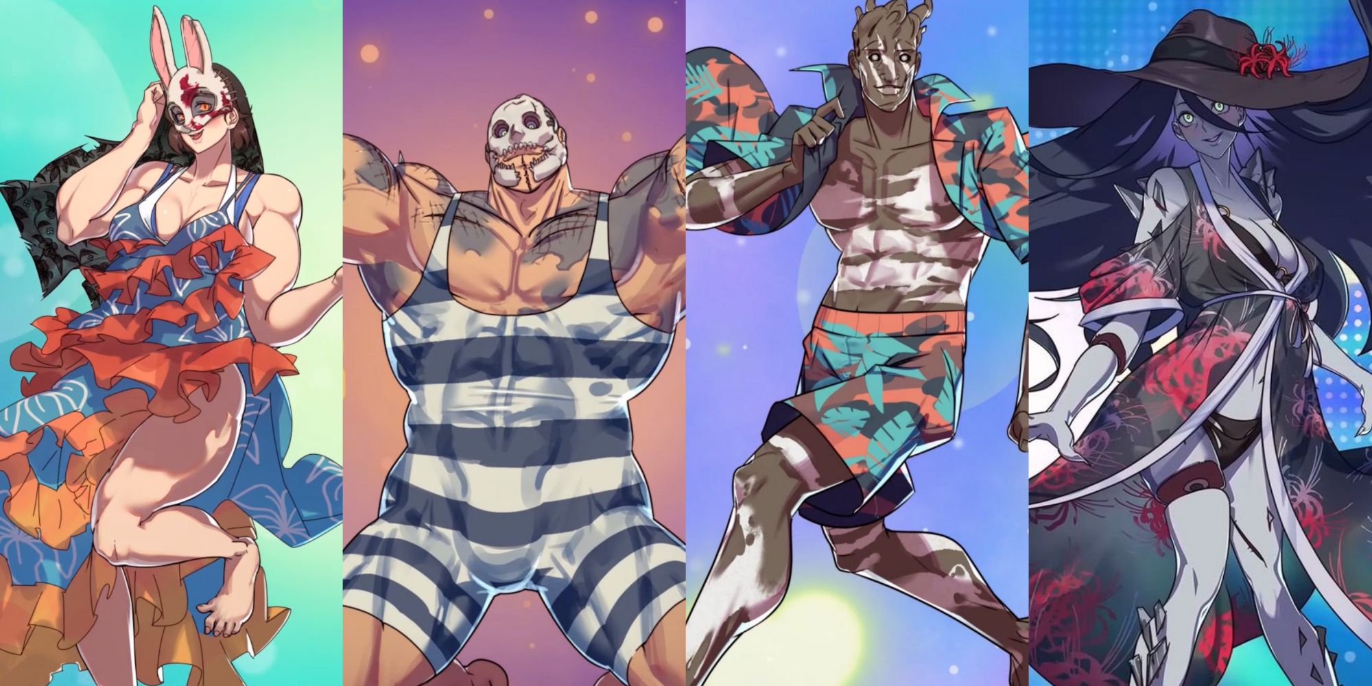 Huntress, Trapper, Wraith and Spirit in their Hooked On You versions, wearing bathing suits