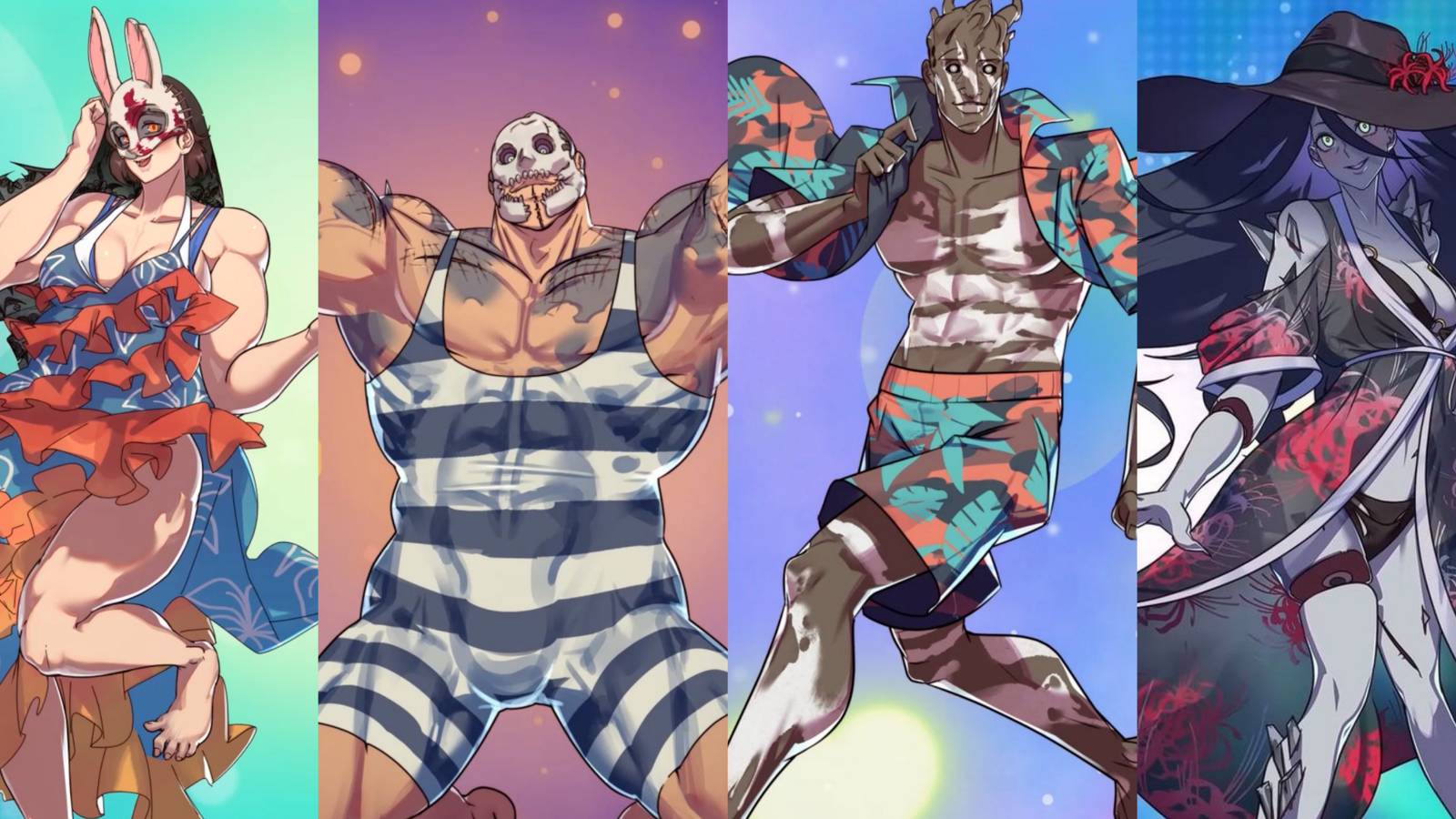 Huntress, Trapper, Wraith and Spirit in their Hooked On You versions, wearing bathing suits