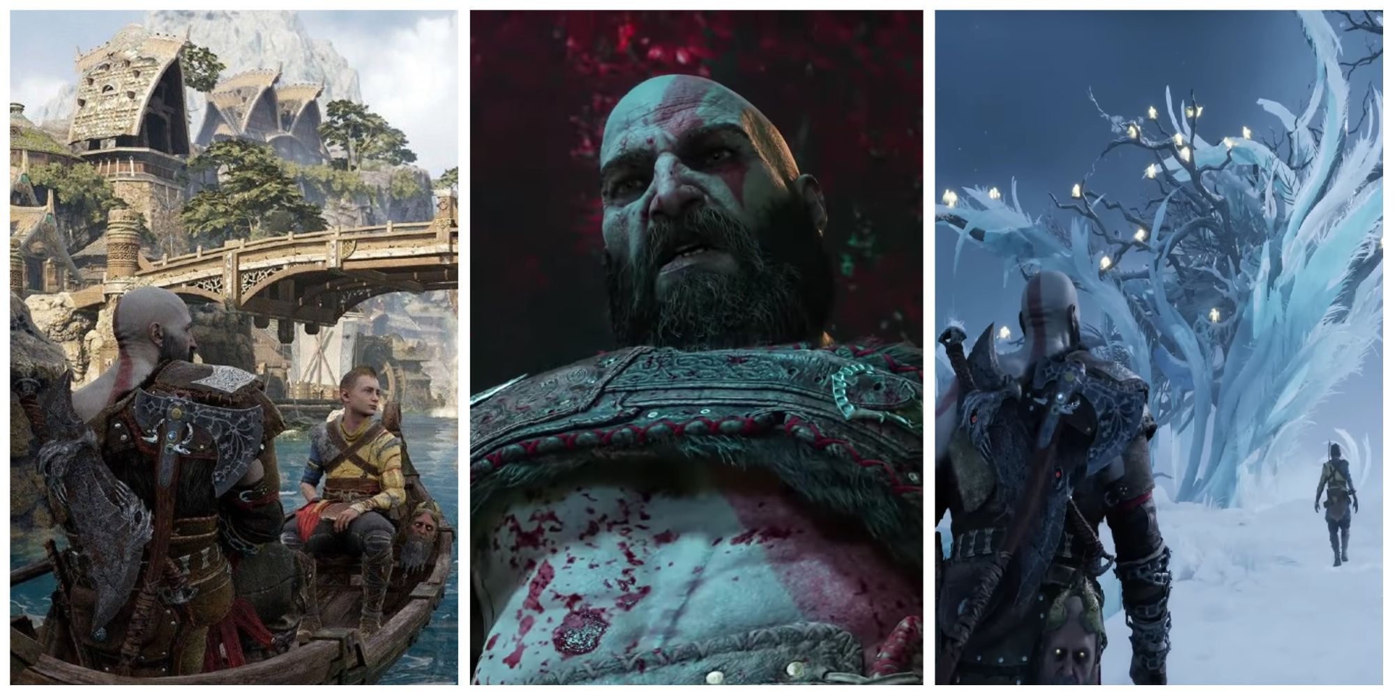 God of War Ragnarok Collage Kratos Atreus Boat Nine Realms