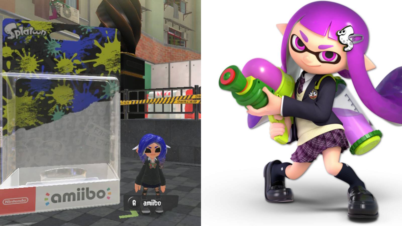 Split image of Amiibo box and squidling in school uniform.