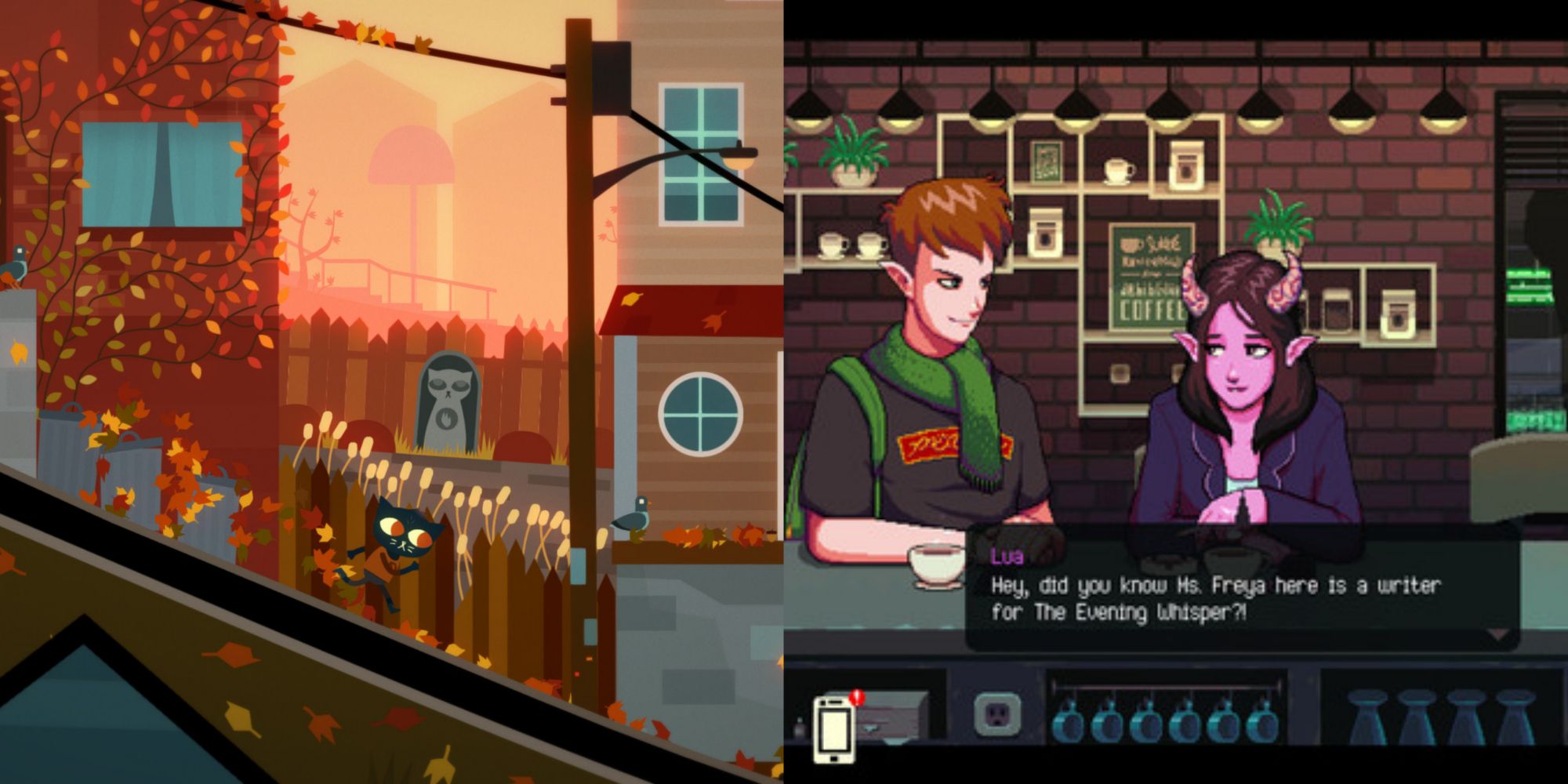 Split image of Night in the Woods and Coffee Talk.